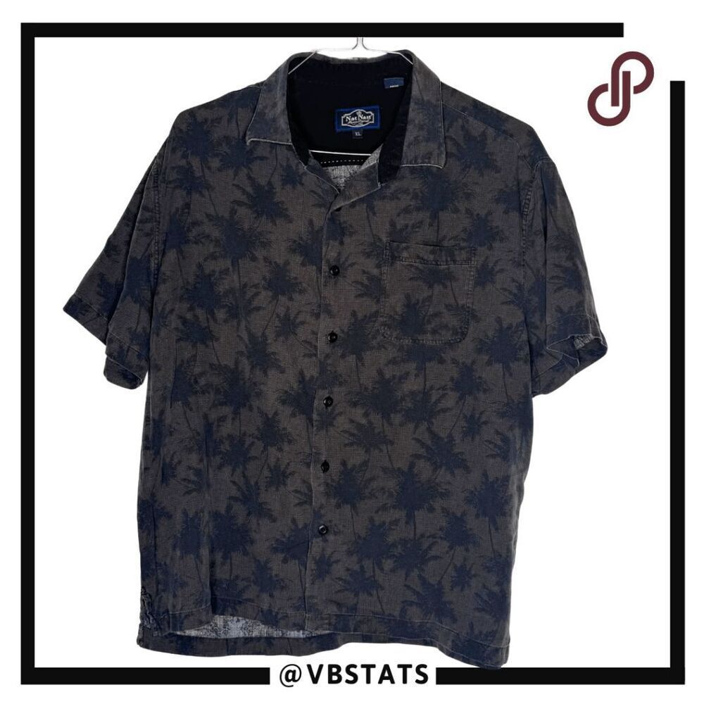 Nat Nast Men Palm Tree Tropical Silk Cotton Short Sleeve Button Up Shirt Blue XL